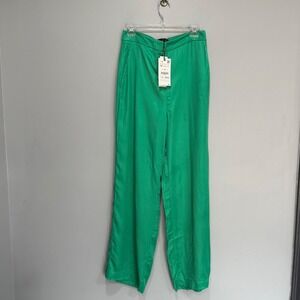 Zara Women Green Wide Leg Viscose Satin Trousers Pants Size M NWT